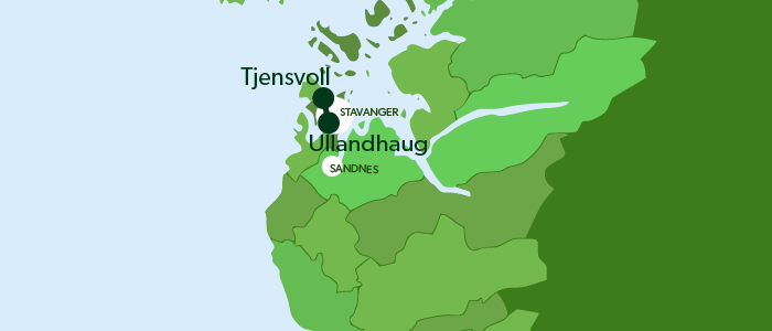 Kart over trase mellom Ullandhaug og Tjensvoll