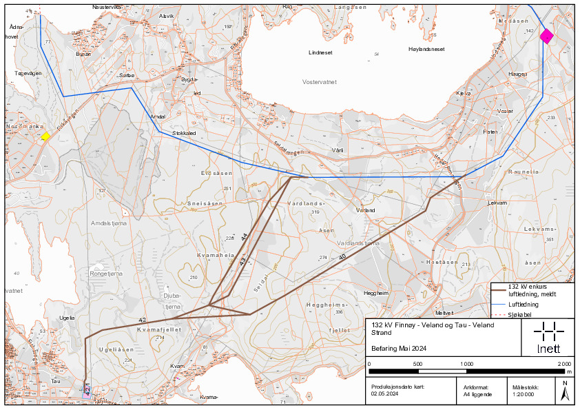 Kart som viser foreslått trase for planlagt kraftledning